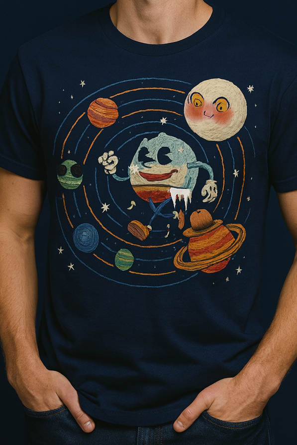 Person wearing a navy blue t-shirt with a space-themed graphic design against a dark background